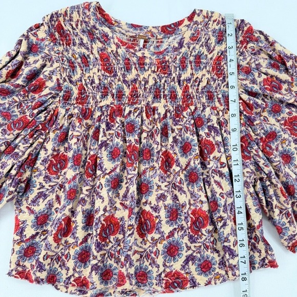 Free People Ruffled Up Printed Smocked Boho Top Linen Blend S - Picture 8 of 12